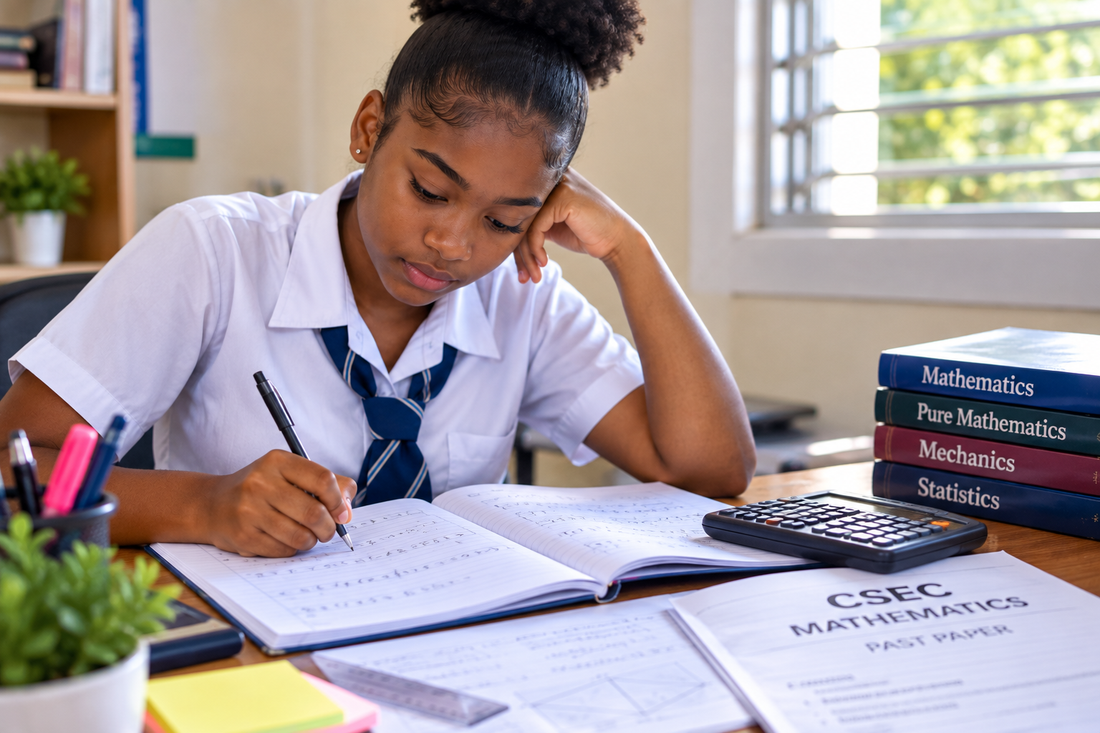 Student studying CSEC Mathematics with a calculator and practice questions