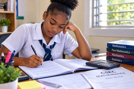 Student studying CSEC Mathematics with a calculator and practice questions